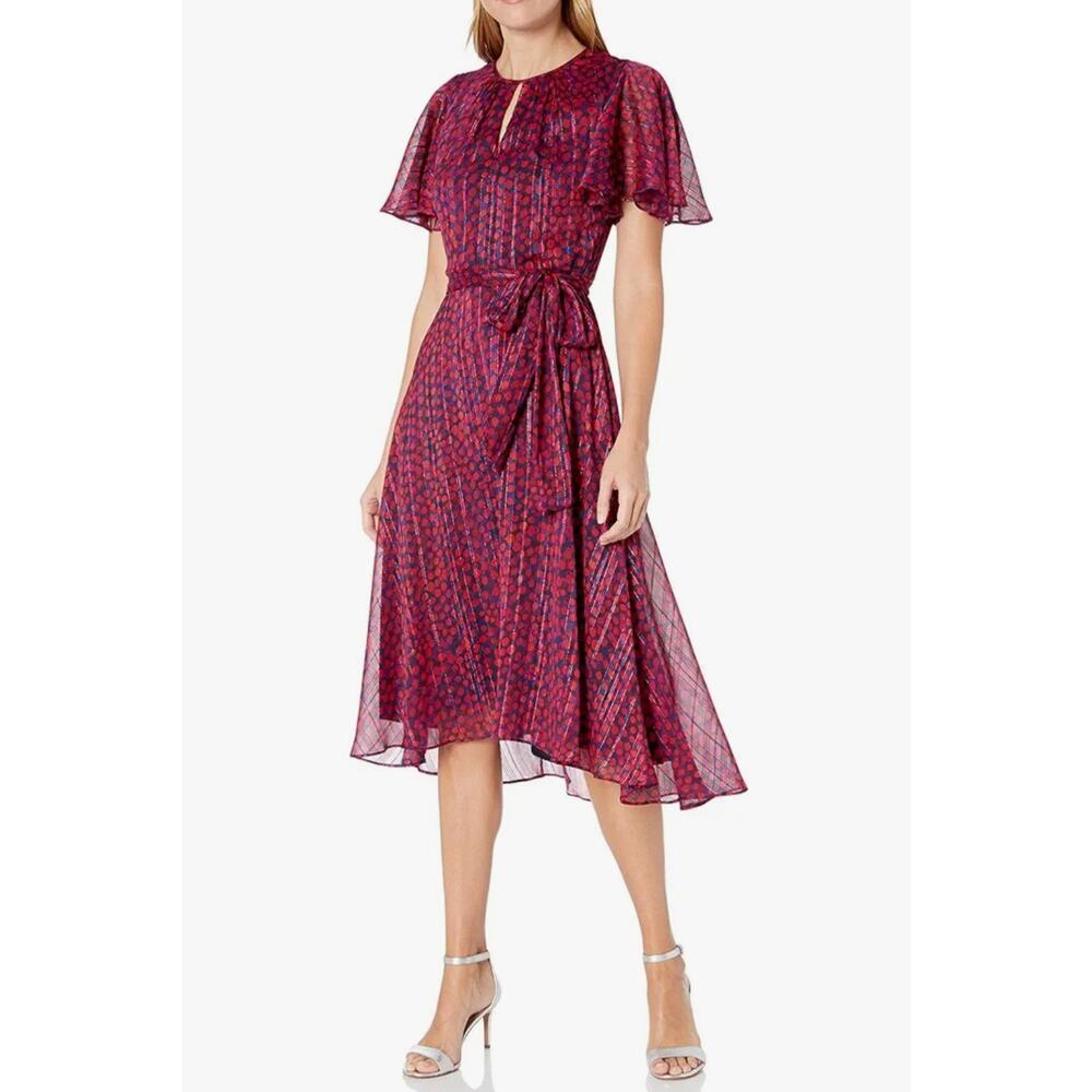 Tahari ASL Womens Flutter Sleeve Ruched Key Hole Neck Dress Navy Pink Dot NWT 14